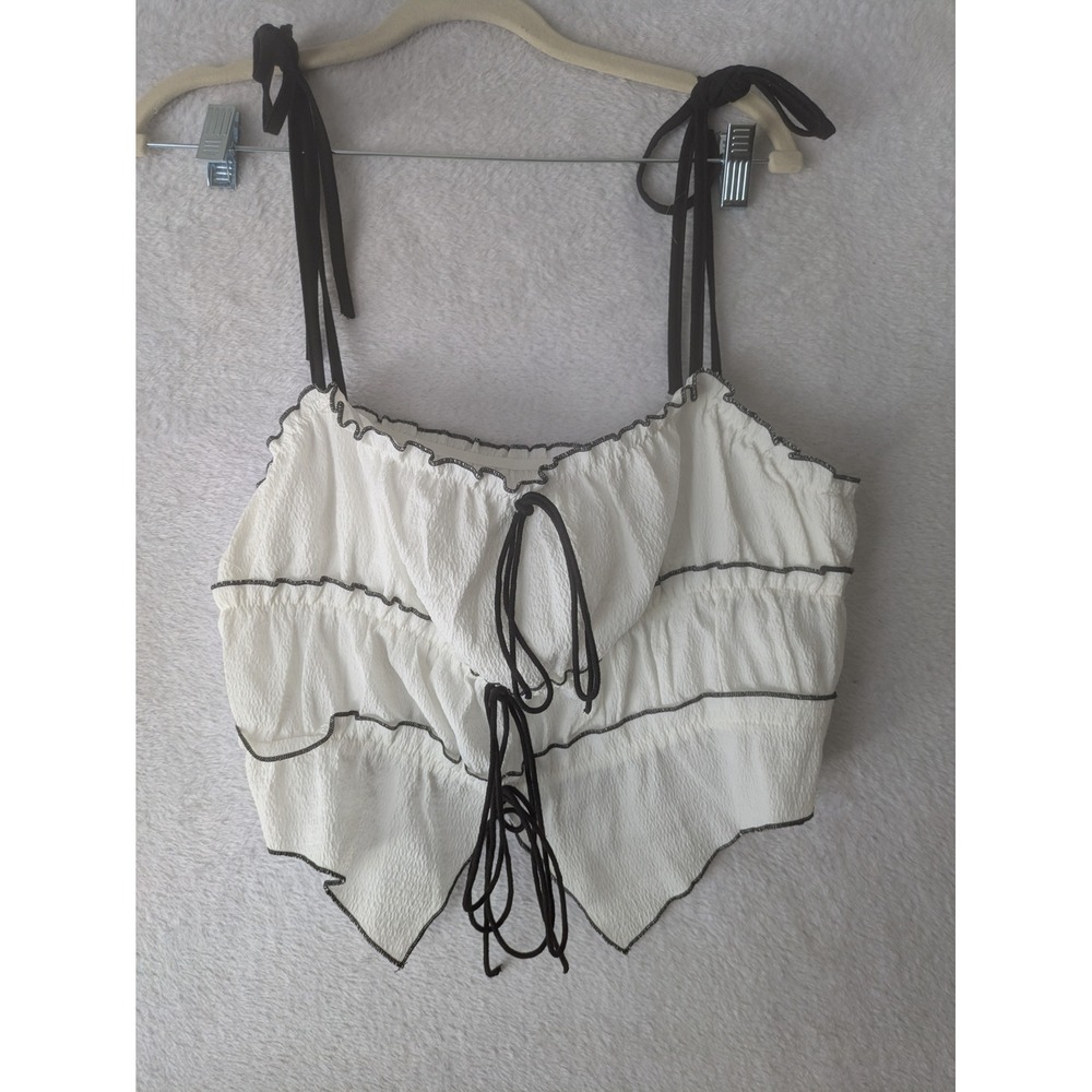 NEW SHEIN Cami Top Women's L White Ruffle Tie Front Textured Contrast Stitch